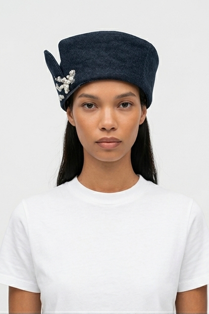 CÉLESTE - Denim Sailor Hat with Pearl Embellishments