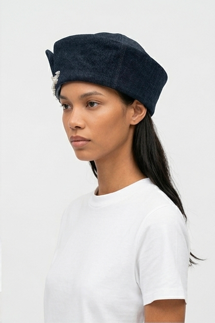 CÉLESTE - Denim Sailor Hat with Pearl Embellishments